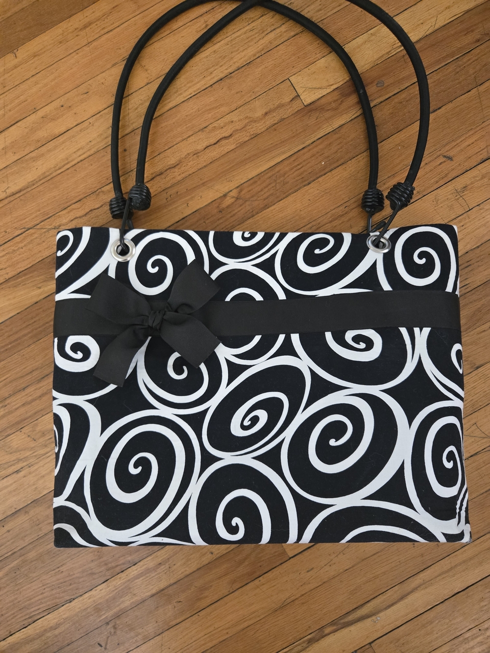 Black & White Swirl Tote Bag with Bow Accent